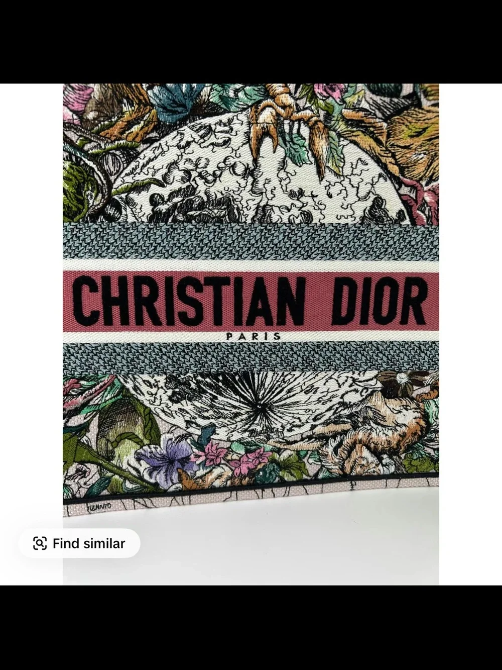 Dior Floral Canvas Tote with Pink Logo Band
